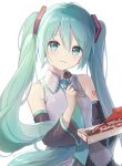  1girl :t antenna_hair aqua_neckwear bangs bare_shoulders black_skirt black_sleeves blue_eyes breasts chocolate closed_mouth collared_shirt commentary_request detached_sleeves eating eyebrows_visible_through_hair food green_hair grey_shirt hair_between_eyes hand_up hatsune_miku highres holding holding_food long_hair long_sleeves looking_at_viewer necktie shirt simple_background skirt sleeveless sleeveless_shirt small_breasts solo tsukiringo very_long_hair vocaloid wavy_mouth white_background wide_sleeves 