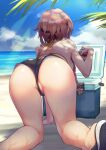  1girl all_fours anchor_symbol arm_support ass bare_arms bare_legs bare_shoulders beach bikini braid breasts brown_hair can commentary cooler day from_behind hachimaki hair_ornament halterneck headband highres holding holding_can kantai_collection long_hair micro_shorts ocean outdoors palm_tree partially_visible_vulva propeller_hair_ornament rampage_2nd sand short_shorts shorts sky soda_can solo string_bikini summer sweat swimsuit swimsuit_under_clothes teruzuki_(kancolle) thighs tree twin_braids twintails water wet 