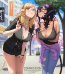  2girls ahoge arm_under_breasts au_ra bangs bare_legs bare_shoulders black_hair black_shirt black_skirt blonde_hair blue_eyes blurry blurry_background blush breast_suppress breasts brown-framed_eyewear cheek-to-cheek city cleavage closed_mouth clothes_around_waist collarbone collared_shirt commission dark_skin denim dragon_girl dragon_horns dragon_tail dress_shirt eyebrows_behind_hair feet_out_of_frame final_fantasy final_fantasy_xiv flower freckles from_below glasses green_eyes hair_flower hair_ornament hairband hand_on_own_thigh hanging_breasts heads_together heterochromia highres horns jeans jewelry large_breasts leaning_forward looking_at_viewer looking_away midriff_peek miniskirt multicolored_hair multiple_girls nail_polish navel necklace nhaliz no_bra outdoors pants partially_unbuttoned pencil_skirt ponytail pose puckered_lips purple_eyes purple_hair red_hair red_nails scales shirt sideways_glance skirt sky smile streaked_hair sweater sweater_around_waist swept_bangs tail tank_top torn_clothes tsurime w 