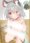  1girl absurdres animal_ear_fluff animal_ears ashino_chimado bangs blue_bra blue_capelet blush bra bra_removed capelet capelet_removed cellphone closed_mouth commentary_request dress dress_removed eyebrows_visible_through_hair flat_chest full_body grey_dress grey_hair hair_between_eyes highres holding holding_bra holding_clothes holding_phone holding_underwear light_censor long_sleeves looking_at_viewer mirror mouse_ears mouse_girl mouse_tail navel nazrin phone red_eyes selfie shirt short_hair solo squatting tail touhou underwear white_shirt wooden_floor 