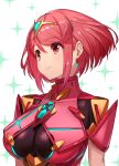  1girl absurdres bangs breasts chest_jewel commentary_request earrings gem green322 headpiece highres jewelry large_breasts pyra_(xenoblade) red_eyes red_hair short_hair simple_background solo swept_bangs tiara white_background xenoblade_chronicles_(series) xenoblade_chronicles_2 