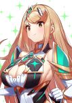  1girl absurdres bangs bare_shoulders blonde_hair breasts chest_jewel cleavage cleavage_cutout clothing_cutout commentary_request dress elbow_gloves gem gloves green322 headpiece highres large_breasts long_hair mythra_(xenoblade) short_dress solo swept_bangs tiara very_long_hair white_dress white_gloves xenoblade_chronicles_(series) xenoblade_chronicles_2 yellow_eyes 