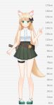  1girl animal_ears bare_arms bare_shoulders black_bow blonde_hair blush bow closed_mouth fox_ears fox_tail green_eyes green_footwear hair_bow hand_up height_chart highres long_hair looking_at_viewer mao_lian_(nekokao) original pigeon-toed shirt shoes sleeveless sleeveless_shirt smile solo standing tail thigh_strap white_shirt 