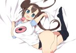  1girl :d black_legwear blue_eyes bow brown_hair commentary_request double_bun long_hair on_bed open_mouth panties pantyhose pink_bow pokemon pokemon_(game) pokemon_bw2 rosa_(pokemon) smile solo tottotonero twintails underwear very_long_hair 