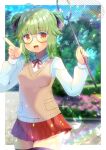  1girl :d animal antenna_hair bangs black_legwear blurry blurry_background blush breasts brown_eyes bug butterfly butterfly_net character_request commentary_request depth_of_field double_bun eyebrows_visible_through_hair glasses green_hair grey-framed_eyewear hand_net hands_up holding index_finger_raised indie_virtual_youtuber insect kou_hiyoyo lens_flare long_sleeves looking_at_viewer low_twintails neck_ribbon open_mouth pleated_skirt red_ribbon red_skirt ribbon shirt skirt small_breasts smile solo sweater_vest thighhighs twintails virtual_youtuber white_shirt 