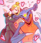  1girl :3 blonde_hair crown cynthia_(pokemon) fangs gabyt garchomp gen_4_pokemon hair_over_one_eye hand_on_another&#039;s_head headpat heart long_hair looking_at_viewer mini_crown pokemon pokemon_(creature) pokemon_(game) pokemon_dppt pose standing very_long_hair 