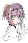  1girl blush carcano_m91/38_(girls&#039;_frontline) closed_mouth double_bun e_sky_rugo from_side girls&#039;_frontline green_eyes hairband highres looking_at_viewer looking_to_the_side portrait purple_hair smile solo tears white_background 