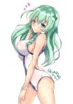  1girl adapted_costume competition_swimsuit covered_nipples cowboy_shot eyebrows_visible_through_hair frog frog_hair_ornament green_eyes green_hair hair_between_eyes hair_ornament hair_tubes highres kochiya_sanae kuga_zankurou long_hair looking_at_viewer one-piece_swimsuit signature simple_background snake snake_hair_ornament solo swimsuit touhou twitter_username white_background white_swimsuit 