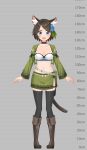  1girl :d aina_(mao_lian) animal_ear_fluff animal_ears arms_at_sides black_choker black_legwear blue_eyes blue_flower blush breasts brown_footwear brown_hair cat_ears cat_tail choker cropped_jacket cross-laced_footwear flower fold-over_boots green_jacket green_skirt hair_flower hair_ornament height_chart highres jacket long_sleeves looking_at_viewer mao_lian_(nekokao) medium_breasts midriff miniskirt navel open_clothes open_jacket open_mouth original pigeon-toed short_hair skirt smile solo standing tail thigh_strap thighhighs zettai_ryouiki 