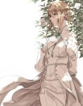  1girl blonde_hair braid breasts flower formal gloves green_eyes hair_flower hair_ornament jewelry leaf long_hair looking_to_the_side necklace shuu-0208 solo suit uniform violet_evergarden violet_evergarden_(series) white_background white_gloves white_suit 