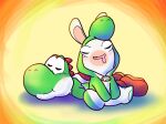  animal_ears buck_teeth charisuke closed_eyes closed_mouth crossover highres lying mario_(series) mario_+_rabbids_kingdom_battle mouth_drool no_humans on_stomach open_mouth rabbid rabbid_yoshi rabbit_ears raving_rabbids simple_background sitting sleeping smile yellow_background yoshi 