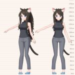  1girl aina_(mao_lian) animal_ear_fluff animal_ears bare_arms blue_eyes blue_footwear brown_hair brown_sweater cat_ears cat_tail closed_mouth denim grey_pants height_chart highres jeans long_hair looking_at_viewer mao_lian_(nekokao) multiple_views navel original pants pigeon-toed ponytail ribbed_sweater shoes sleeveless sleeveless_sweater smile standing sweater tail 