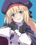  1girl artoria_pendragon_(caster)_(fate) artoria_pendragon_(fate) blonde_hair blue_background blush commentary_request eyebrows_visible_through_hair fate/grand_order fate_(series) gloves hair_between_eyes hat long_hair long_sleeves looking_at_viewer open_mouth saipaco simple_background solo sweatdrop tongue twintails upper_body 