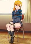  1girl absurdres bdsm belt_buckle blue_cardigan blue_jacket bondage bound buckle cardigan chair commentary dress english_commentary grey_dress grey_legwear highres huge_filesize indoors jacket long_hair love_live! love_live!_superstar!! medium_hair pinafore_dress purple_eyes red_ribbon restrained ribbon rope school_chair school_uniform shibuya_kanon solo vakaosciosa yuigaoka_school_uniform 