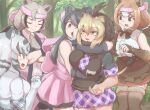  5girls animal_ears arm_around_back arm_around_neck back_bow bangs barbary_lion_(kemono_friends) bear_ears bergman&#039;s_bear_(kemono_friends) black_eyes black_hair blonde_hair blue_eyes bow bracelet breasts brown_hair cheek-to-cheek cheek_press cheek_squash closed_mouth commentary_request crossed_arms day elbow_gloves empty_eyes extra_ears eyebrows_visible_through_hair ezo_brown_bear_(kemono_friends) facing_another fist_pump fur_bracelet fur_collar furrowed_brow gloves grey_hair hair_between_eyes hand_to_own_mouth hand_up headband heads_together highres hug jewelry kemono_friends kemono_friends_3 kodiak_bear_(kemono_friends) large_breasts lion_ears long_hair looking_at_another medium_hair miniskirt multicolored_hair multiple_girls necktie okyao open_mouth outdoors shirt short_sleeves sidelocks skirt sleeveless sleeveless_shirt smile standing sweater_vest tan thighhighs tiger_ears two-tone_hair unaligned_breasts v-shaped_eyebrows white_tiger_(kemono_friends) yellow_eyes 