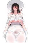  1girl bare_shoulders black_hair blush breasts brown_eyes cleavage covered_nipples hair_between_eyes hasshaku-sama highres large_breasts looking_at_viewer open_mouth original simple_background sketch skirt solo underboob white_background xiangzi_box 