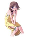  between_legs blue_eyes blush brown_hair cropped_legs downblouse dress eyebrows_visible_through_hair flat_chest hand_between_legs komaki_ikuno looking_at_viewer nipple_slip nipples sakuya_tsuitachi simple_background solo spaghetti_strap to_heart_2 v_arms white_background yellow_dress 