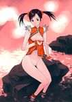  bottomless breasts g-room_honten ling_xiaoyu medium_breasts orange_shirt shirt skirt skirt_lift solo tekken twintails 