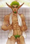  balls facial_hair flaccid goatee green_hair hair jak jak_and_daxter male nipples nude penis pubes scar shower solo towel trip_(artist) 