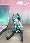  blue_eyes blue_hair computer fuyutsuki_asuto hatsune_miku laptop long_hair no_panties skirt skirt_lift solo thighhighs twintails usb vocaloid 