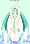  aqua_hair armpits arms_up bad_id bad_pixiv_id bikini breasts gk hatsune_miku large_breasts long_hair necktie nipples one_eye_closed side-tie_bikini solo swimsuit topless twintails vocaloid water 