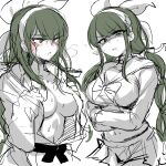  1girl bangs blush bow breasts chabashira_tenko clenched_teeth commentary_request danganronpa_(series) danganronpa_v3:_killing_harmony disgust eyebrows_visible_through_hair green_eyes green_hair hair_ornament hairband highres large_breasts long_hair long_sleeves looking_at_viewer midriff monochrome multiple_views navel no_bra open_mouth partially_colored sailor_collar simple_background sketch skirt sportswear star_(symbol) stomach suurin_(ksyaro) sweat teeth upper_body white_background 