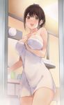  1girl :d arm_between_breasts bangs bare_arms bare_shoulders bathroom between_breasts blush breasts brown_eyes brown_hair cleavage collarbone cowboy_shot highres indoors large_breasts looking_at_viewer mole mole_on_neck naked_towel nijisanji open_mouth serizawa_(serizawaroom) short_hair short_ponytail smile solo suzuka_utako towel upper_teeth virtual_youtuber 