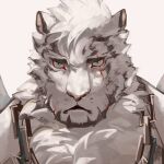  1boy animal_ears arknights black_tank_top chain_necklace face frown furry furry_male hinokumo_f looking_at_viewer male_focus mountain_(arknights) portrait scar scar_across_eye short_hair solo tank_top tiger_boy tiger_ears white_fur white_hair 