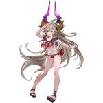  1girl :d ahoge alpha_transparency arm_up bangs bikini bikini_under_clothes blush breasts cleavage collarbone draph flower full_body granblue_fantasy grey_hair hair_between_eyes hair_flower hair_ornament halter_top halterneck hibiscus horns large_breasts long_hair looking_at_viewer minaba_hideo official_art open_mouth pointy_ears purple_hair red_bikini red_eyes sailor_collar sandals see-through smile solo swimsuit thalatha_(granblue_fantasy) transparent_background very_long_hair 