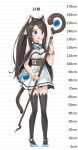  1girl absurdres aina_(mao_lian) animal_ear_fluff animal_ears belt black_legwear blue_belt blue_bow blue_eyes blue_footwear blue_neckwear blush bow bowtie breasts brown_hair brown_sash cat_ears cat_tail character_age cleavage commentary dress hair_bow height_chart highres holding holding_staff long_hair mao_lian_(nekokao) medium_breasts open_mouth original pigeon-toed pleated_dress ponytail sash shoes smile solo staff tail thighhighs translated vial white_bow white_dress 