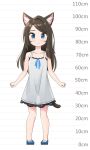  1girl absurdres aina_(mao_lian) animal_ear_fluff animal_ears bare_arms bare_shoulders blue_eyes blue_footwear blue_ribbon blush brown_hair cat_ears cat_tail child closed_mouth dot_nose dress grey_dress height_chart highres long_hair mao_lian_(nekokao) original pigeon-toed ribbon see-through_silhouette shoes smile solo sundress tail 