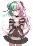 1girl :3 bangs black_choker black_dress black_ribbon blush choker collarbone commentary cowboy_shot dress earrings eyebrows_visible_through_hair fandead_(uruha_rushia) garter_straps ghost green_hair green_nails hair_between_eyes hair_bun hair_ribbon halo hands_clasped highres holding hololive jewelry looking_at_viewer multicolored multicolored_hair multicolored_nails nail_polish off-shoulder_dress off_shoulder one_side_up own_hands_together pink_hair pink_nails red_eyes ribbon short_sleeves side_bun simple_background sinnop10 skull_earrings solo standing symbol-only_commentary two-tone_hair uruha_rushia virtual_youtuber white_background wrist_cuffs 