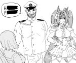  1boy 2girls admiral_(kancolle) animal_ears bb_(baalbuddy) censored_text coomer crossover daiwa_scarlet_(umamusume) english_commentary english_text eyebrows_visible_through_hair greyscale hamakaze_(kancolle) hands_on_hips highres kantai_collection military military_uniform monochrome multiple_girls naval_uniform raised_eyebrow simple_background skirt speech_bubble thighhighs twintails umamusume uniform 