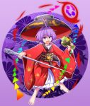  1girl :d ahoge aospanking bangs barefoot black_headwear bowl bowl_hat full_body hammer hat holding holding_hammer holding_sword holding_weapon japanese_clothes kimono long_sleeves looking_at_viewer miracle_mallet needle_sword open_mouth purple_background purple_eyes purple_hair rainbow_gradient red_kimono sash short_hair smile standing sukuna_shinmyoumaru sword touhou v-shaped_eyebrows weapon wide_sleeves 