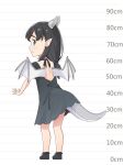  1girl black_dress black_footwear black_hair blue_eyes blush child closed_mouth dot_nose dragon_girl dragon_horns dragon_tail dragon_wings dress from_behind full_body height_chart highres horns long_hair looking_at_viewer looking_back mao_lian_(nekokao) original pointy_ears shoes sideways_glance slit_pupils smile solo standing tail wings 