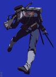  1boy absurdres backpack bag bedroll blue_background full_body golden_kamuy gun hat highres holding holding_gun holding_sword holding_weapon kepi long_sleeves male_focus military military_hat military_uniform mole mole_above_mouth pants pouch reman_kamuy simple_background solo sword uniform usami_tokishige weapon 