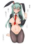 1girl alternate_costume animal_ears black_legwear breasts fake_animal_ears green_eyes green_hair hair_ornament hairclip heart_maebari heart_pasties kantai_collection large_breasts long_hair maebari meme_attire mikagami_sou navel pasties rabbit_ears revealing_clothes reverse_bunnysuit reverse_outfit shrug_(clothing) solo suzuya_(kancolle) translation_request wrist_cuffs 