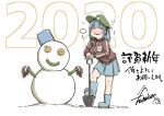  1girl blue_footwear blue_hair blue_skirt blush boots closed_eyes cucumber facing_viewer flanvia flying_sweatdrops green_headwear hair_bobbles hair_ornament hat holding holding_shovel jacket kawashiro_nitori long_sleeves miniskirt parted_lips red_jacket shovel skirt smile snowman solo touhou translation_request twintails 