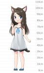  1girl :d absurdres aina_(mao_lian) animal_ear_fluff animal_ears bare_arms bare_shoulders blue_eyes blue_footwear blue_ribbon blush brown_hair cat_ears cat_tail child dress grey_dress hand_up height_chart highres long_hair mao_lian_(nekokao) open_mouth original ribbon see-through_silhouette shoes smile solo sundress tail 