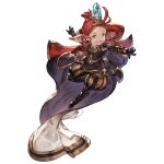  1girl black_footwear black_gloves black_pants blue_eyes blush boots cape dark-skinned_female dark_skin fangs full_body funf gem gloves granblue_fantasy harvin long_hair official_art open_mouth pants pointy_ears puffy_pants red_hair smile solo transparent_background 