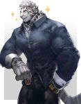  1boy 5cm_housamo absurdres alternate_costume animal_ears arknights bara black_pants black_shirt bulge collared_shirt contemporary cup furry furry_male highres holding holding_cup large_pectorals male_focus mountain_(arknights) muscular muscular_male pants partially_unbuttoned pectorals scar scar_across_eye shirt short_hair sleeve_cuffs smile solo sparkle tiger_boy tiger_ears white_fur white_hair 