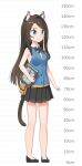  1girl absurdres aina_(mao_lian) animal_ear_fluff animal_ears bare_arms black_bow black_neckwear blue_eyes blue_vest book bow bowtie brown_footwear brown_hair cat_ears cat_tail closed_mouth collared_shirt full_body height_chart highres holding holding_book long_hair mao_lian_(nekokao) miniskirt original pleated_skirt pouch shirt shoes skirt smile solo tail vest white_shirt wing_collar 