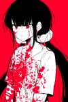  1girl bangs black_hair blood blood_on_clothes blood_on_face closed_mouth collarbone commentary_request danganronpa_(series) danganronpa_v3:_killing_harmony hair_ornament hair_scrunchie harukawa_maki high_contrast highres long_hair low_twintails red_background red_eyes red_theme scrunchie shirt simple_background solo suurin_(ksyaro) tearing_up twintails upper_body 