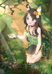  1girl :d absurdres aina_(mao_lian) animal_ear_fluff animal_ears bare_arms black_choker blue_eyes blurry blurry_background blurry_foreground blush breasts brown_hair cat_ears cat_tail choker cleavage depth_of_field flower green_shirt grey_skirt hair_flower hair_ornament highres holding kneeling long_hair mao_lian_(nekokao) medium_breasts open_mouth orange_flower orange_rose original outdoors rose shirt skirt smile solo tail white_flower white_rose wristband yellow_flower yellow_rose 