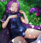  1girl black_cloak blush braid breasts cape capelet cloak closed_eyes fate/grand_order fate_(series) grass highres kuro_yanagi long_hair lying medusa_(fate) medusa_(lancer)_(fate) navel old_school_swimsuit on_back one-piece_swimsuit purple_hair school_swimsuit shiny shiny_clothes single_braid skindentation sleeping small_breasts solo swimsuit translation_request 