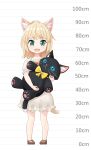  1girl :d absurdres animal_ears blonde_hair bow bowtie brown_footwear cat_ears cat_tail child dress green_eyes height_chart highres holding holding_stuffed_toy mao_lian_(nekokao) medium_hair open_mouth orange_bow orange_neckwear original pigeon-toed puffy_short_sleeves puffy_sleeves shoes short_sleeves smile solo stuffed_animal stuffed_cat stuffed_toy tail white_dress 