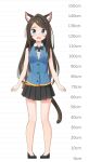 1girl :d absurdres aina_(mao_lian) animal_ear_fluff animal_ears arms_at_sides bare_arms black_bow black_neckwear blue_eyes blue_vest bow bowtie brown_footwear brown_hair cat_ears cat_tail collared_shirt full_body height_chart highres long_hair looking_at_viewer mao_lian_(nekokao) miniskirt open_mouth original pleated_skirt pouch shirt shoes skirt smile solo tail vest white_shirt wing_collar 
