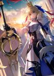  1girl absurdres ahoge artoria_pendragon_(caster)_(fate) artoria_pendragon_(fate) backlighting blonde_hair crown eyebrows_visible_through_hair fate/grand_order fate_(series) green_eyes highres kaer_sasi_dianxia long_hair looking_down marmyadose_(fate) very_long_hair weapon 