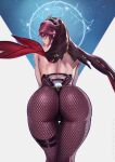  1girl ass bent_over crotch_seam dandon_fuga fishnet_legwear fishnets from_behind genshin_impact headgear headwear highres leaning_forward legs_together lips looking_at_viewer looking_back pantyhose purple_eyes purple_hair rosaria_(genshin_impact) solo thick_thighs thigh_gap thigh_strap thighhighs thighs turning_head 