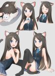  1girl :d absurdres aina_(mao_lian) animal_ear_fluff animal_ears arm_support black_legwear black_vest blue_eyes blush brown_hair cat cat_ears cat_tail closed_mouth collared_shirt ears_down fang grey_background grey_skirt hand_on_own_chest hands_up highres long_hair looking_at_viewer mao_lian_(nekokao) miniskirt open_mouth original own_hands_together pleated_skirt shirt simple_background sitting skin_fang skirt sleeveless sleeveless_shirt smile tail tail_censor thighhighs vest white_cat white_shirt wing_collar 